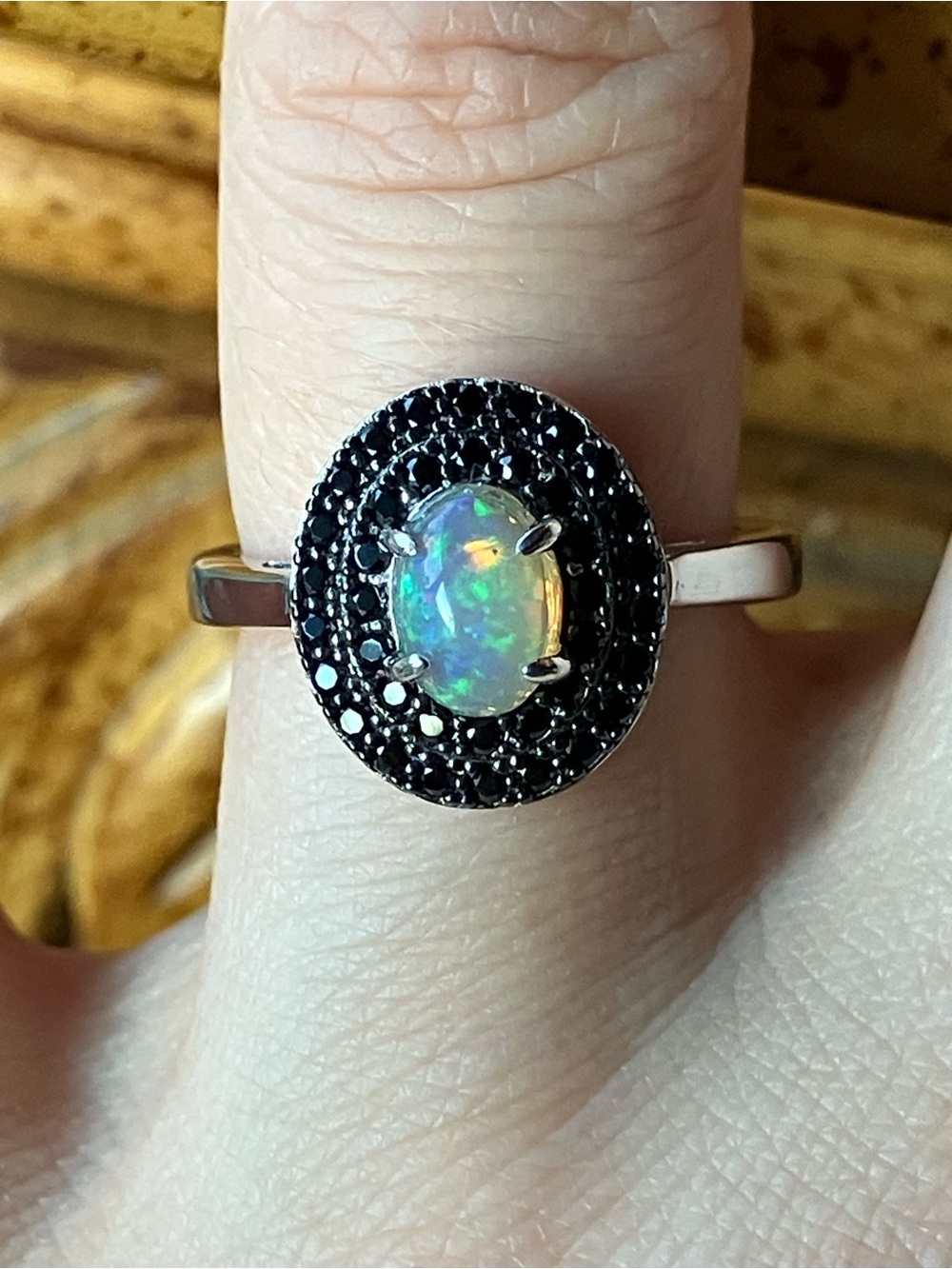 Natural Ethiopian Opal Black Spinel Sterling Silver Ring Size 6